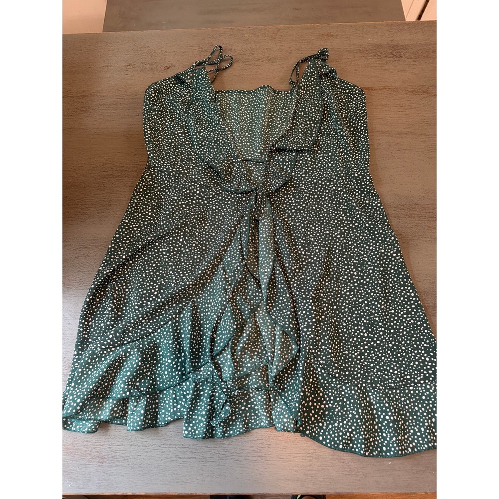 SHEIN Dark Green Polka Dot Ruffle Mini Dress Small Sleeveless Faux Wrap Summer